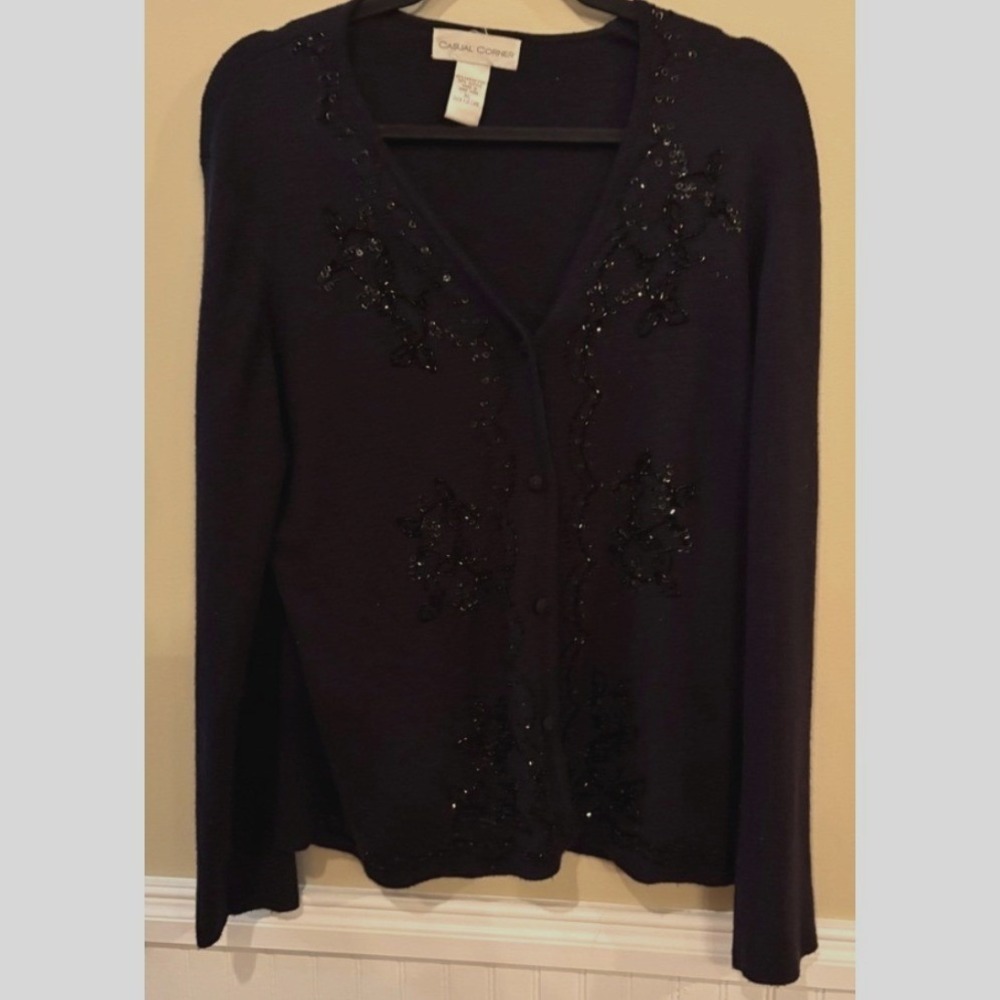 Vintage Casual Corner Womens XL Black Merino Wool Beaded Floral Cardigan Sweater